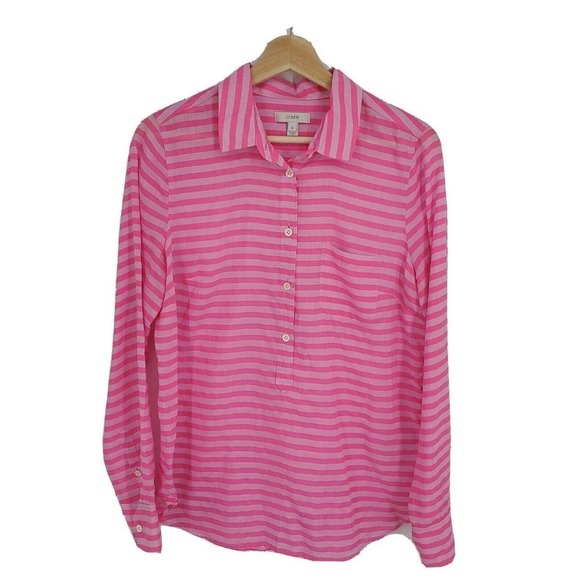 J Crew Popover Tunic Top Silk Cotton Pink Stripes - Picture 1 of 4